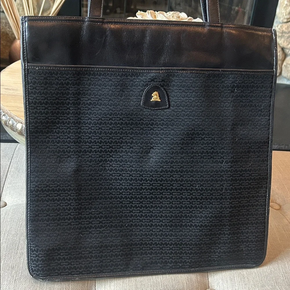 Vintage Mark Cross Black Monogram Canvas Portfolio Satchel Bag Leather Trimmed